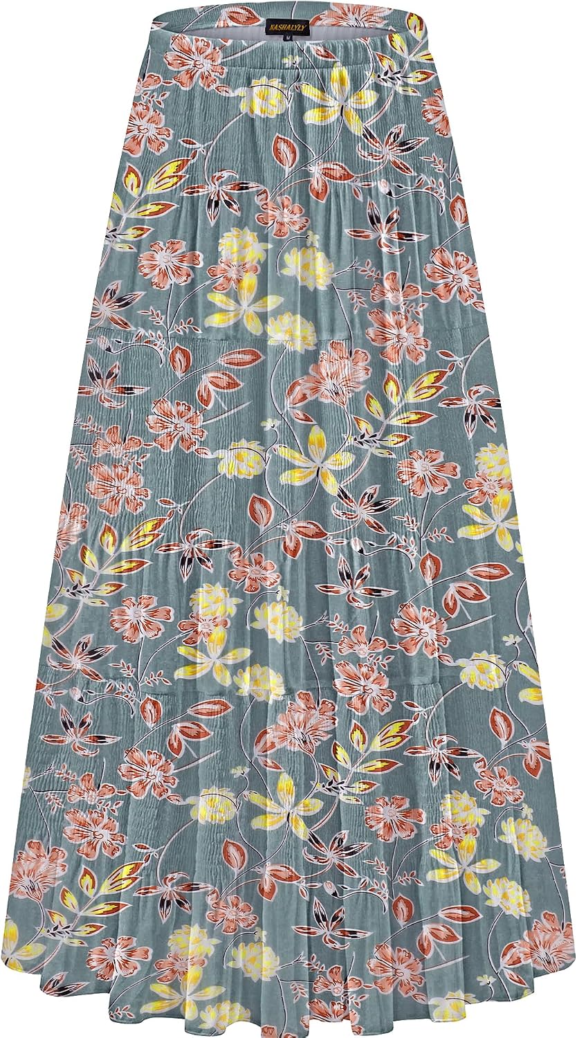 Women's Chiffon High-Waisted Pleated A-Line Maxi Skirt with Elastic Waist (Coffee Floral Print, Size M)