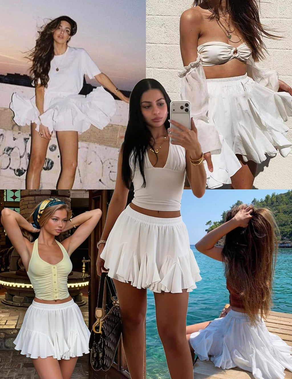 Women's White Ruffle-Hem Mini Skirt – High-Waisted Flared Skater Skirt