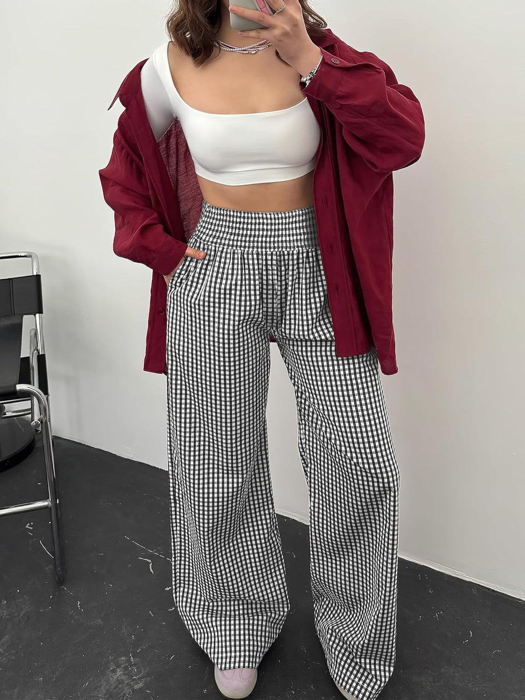 Women's wide-leg trousers—striped and checked styles that are both cute and comfortable.