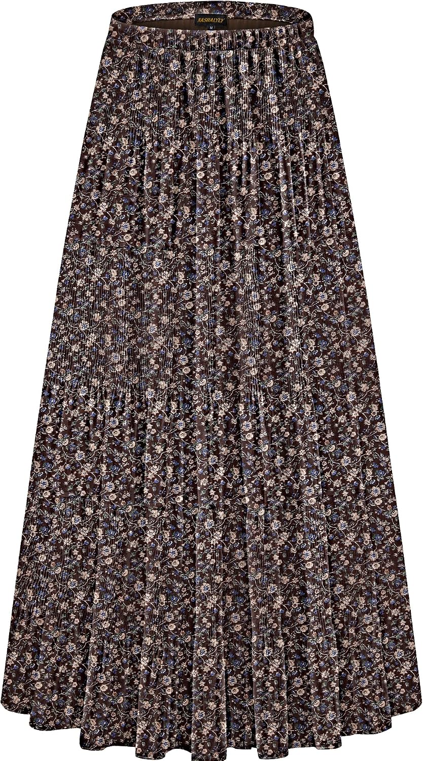 Women's Chiffon High-Waisted Pleated A-Line Maxi Skirt with Elastic Waist (Coffee Floral Print, Size M)