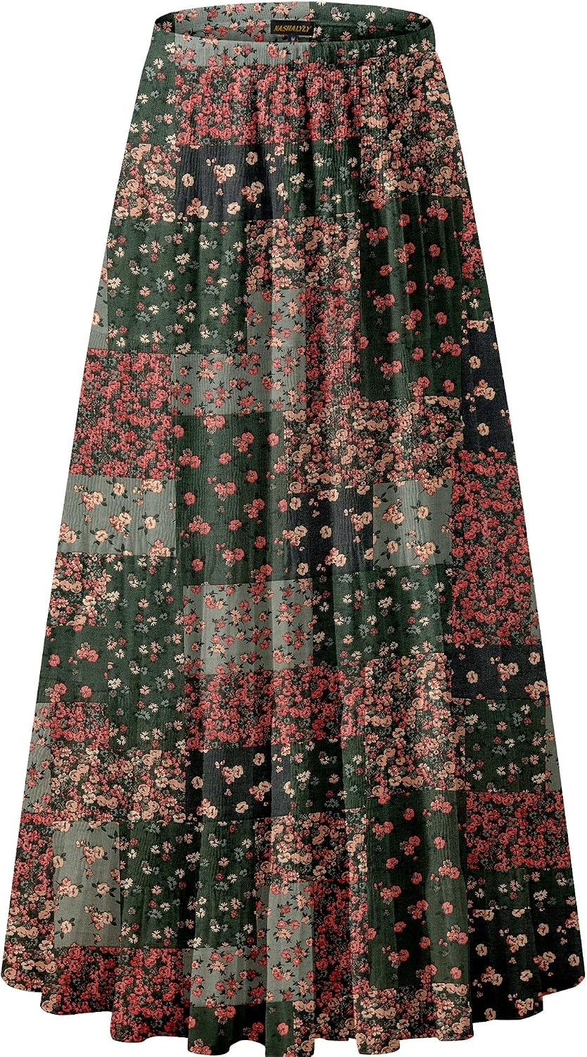 Women's Chiffon High-Waisted Pleated A-Line Maxi Skirt with Elastic Waist (Coffee Floral Print, Size M)