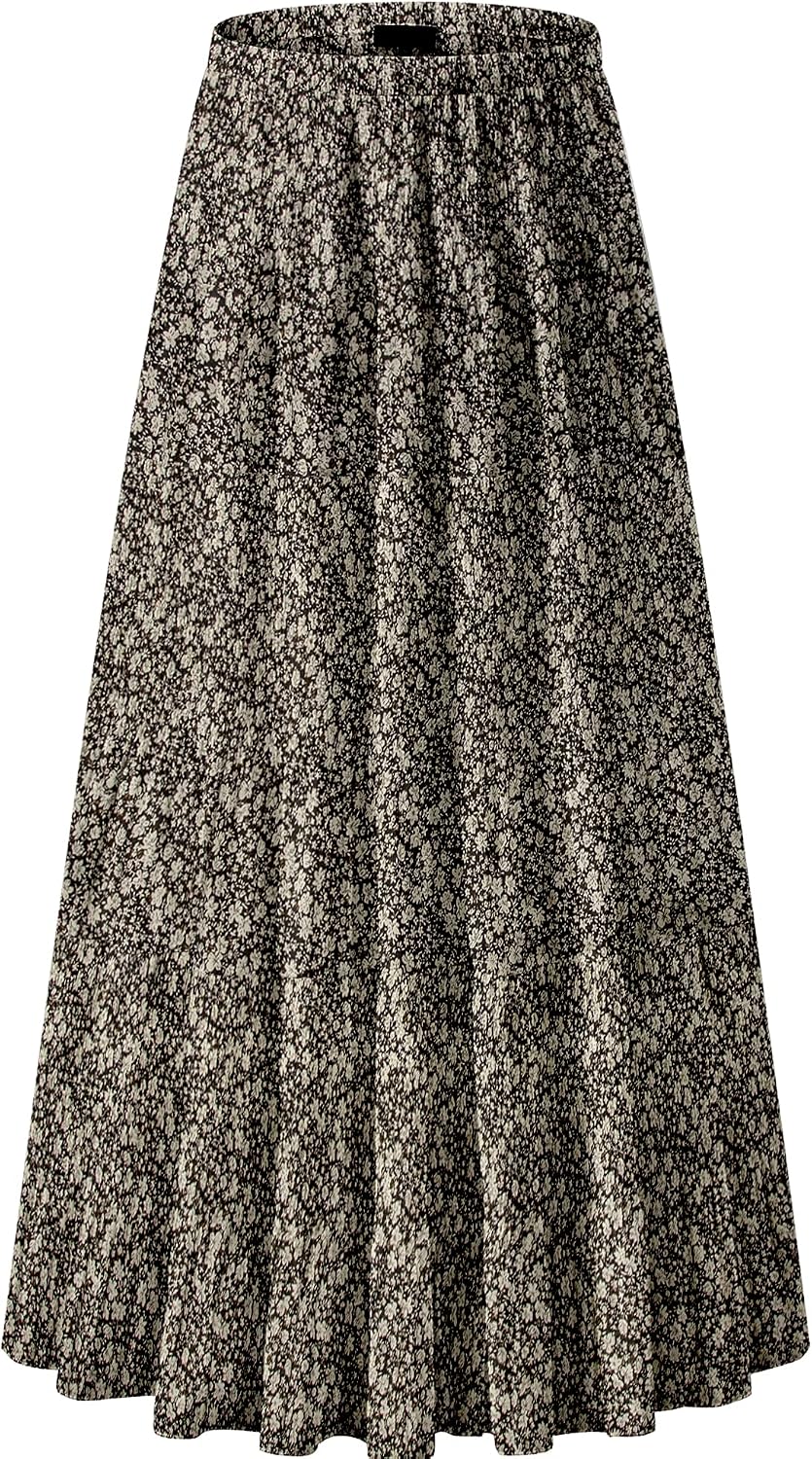 Women's Chiffon High-Waisted Pleated A-Line Maxi Skirt with Elastic Waist (Coffee Floral Print, Size M)