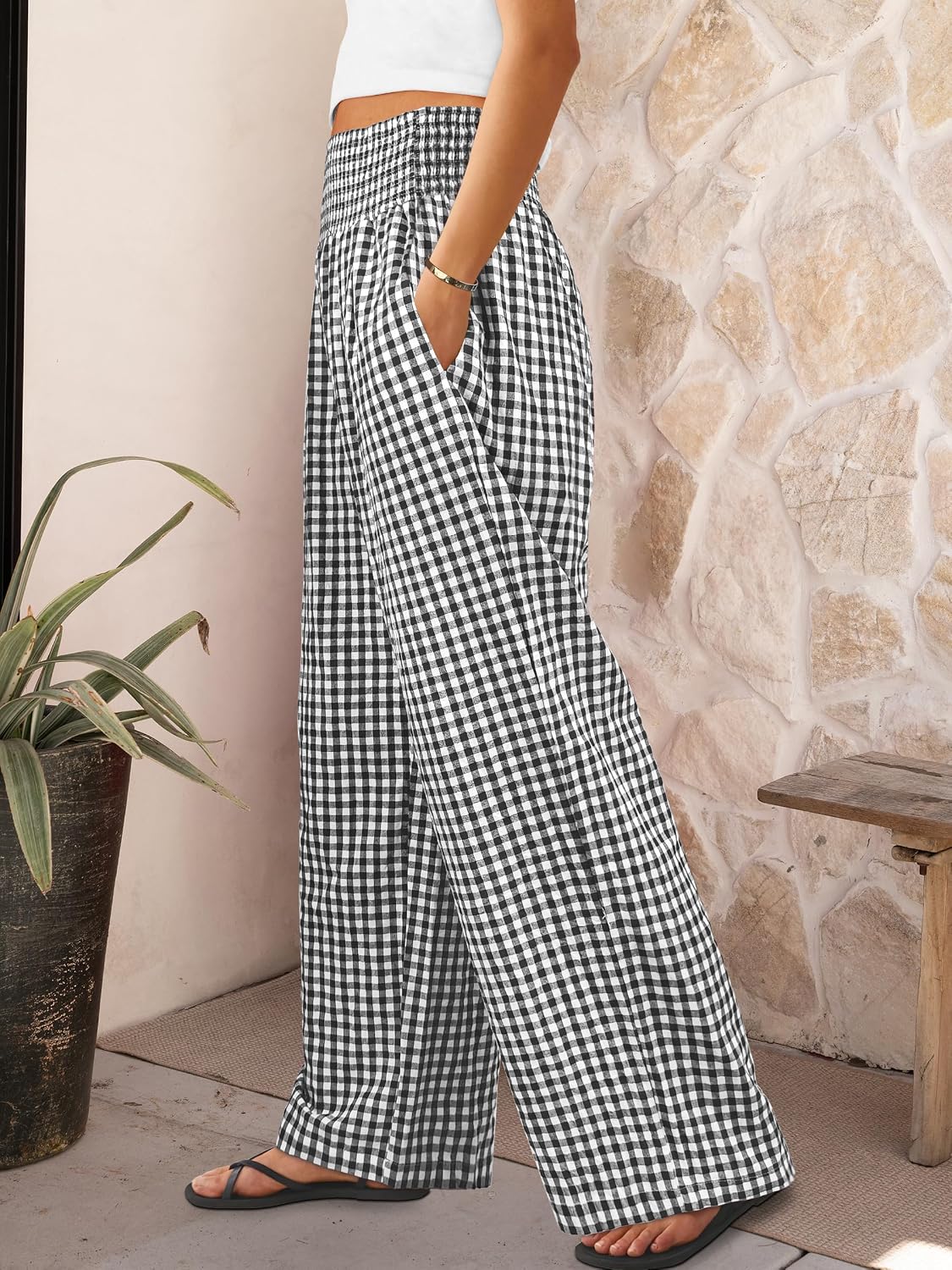 Women's wide-leg trousers—striped and checked styles that are both cute and comfortable.