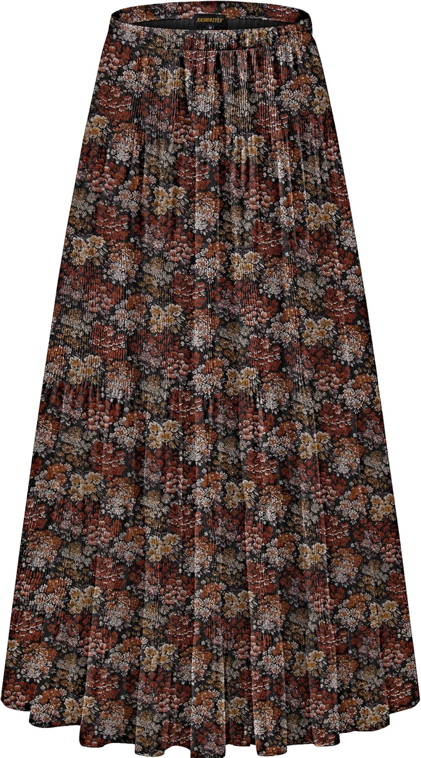 Women's Chiffon High-Waisted Pleated A-Line Maxi Skirt with Elastic Waist (Coffee Floral Print, Size M)