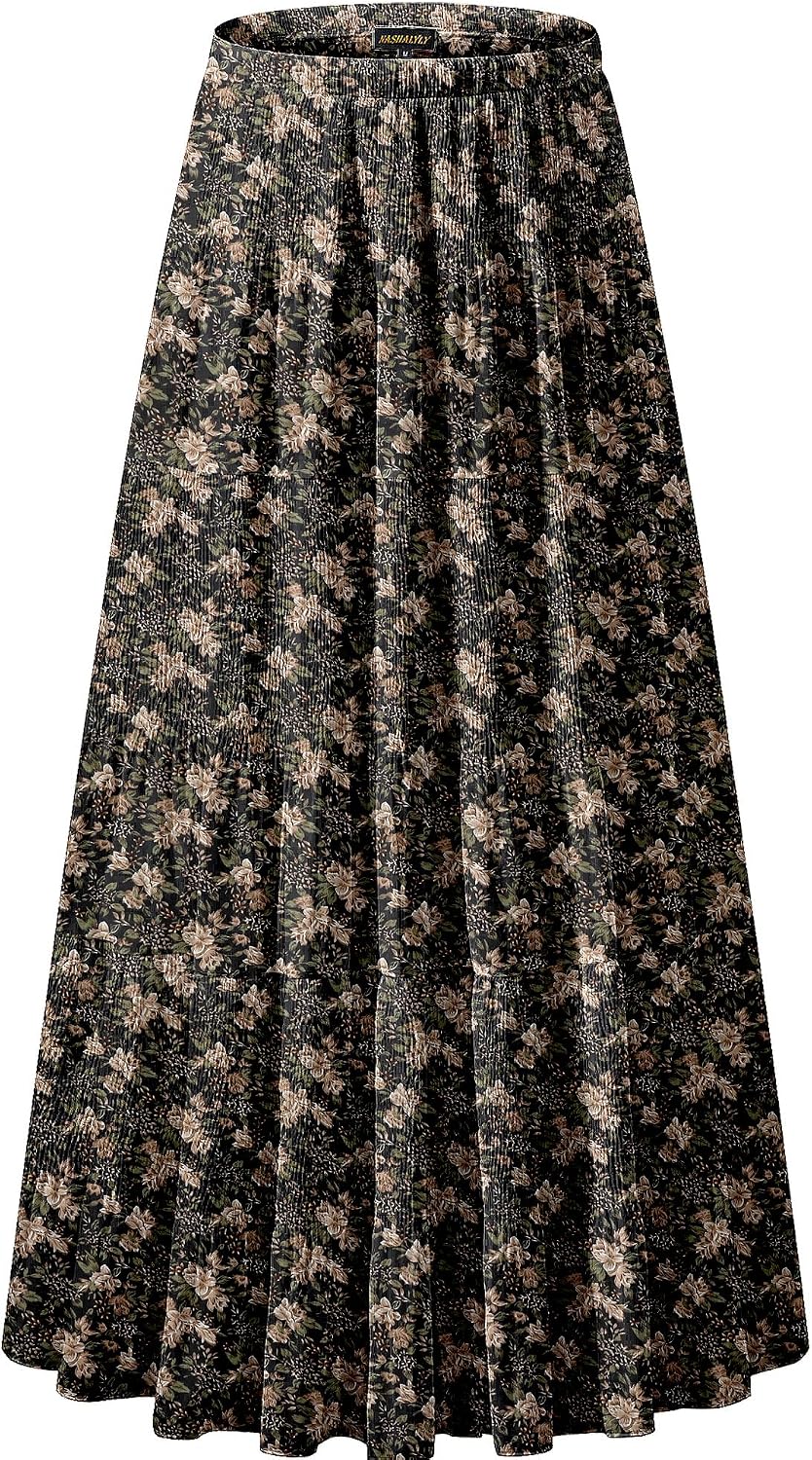 Women's Chiffon High-Waisted Pleated A-Line Maxi Skirt with Elastic Waist (Coffee Floral Print, Size M)