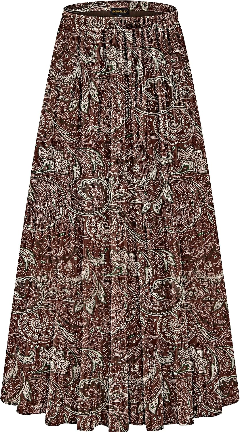Women's Chiffon High-Waisted Pleated A-Line Maxi Skirt with Elastic Waist (Coffee Floral Print, Size M)