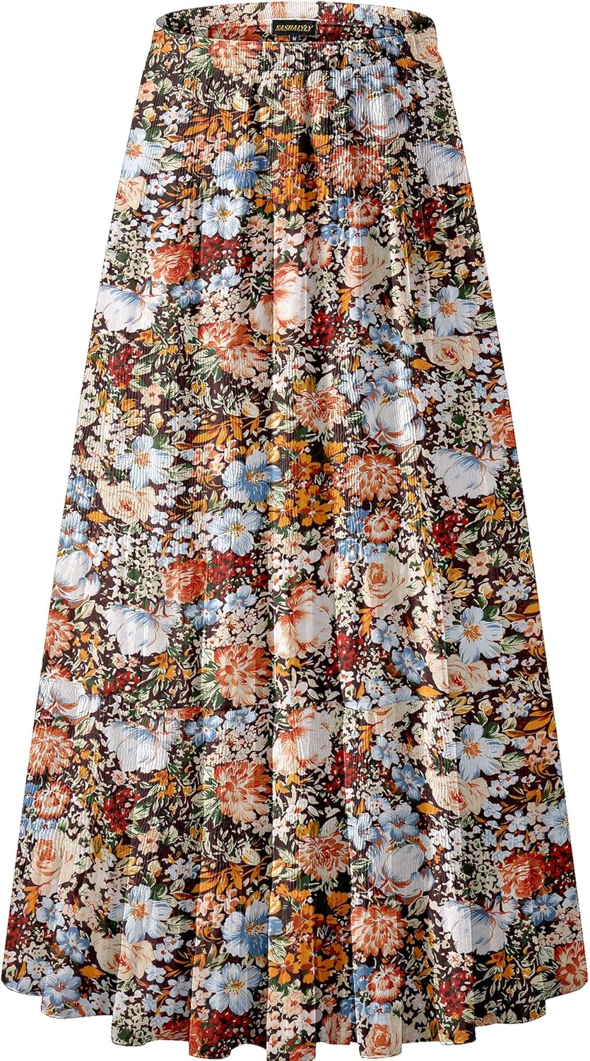Women's Chiffon High-Waisted Pleated A-Line Maxi Skirt with Elastic Waist (Coffee Floral Print, Size M)