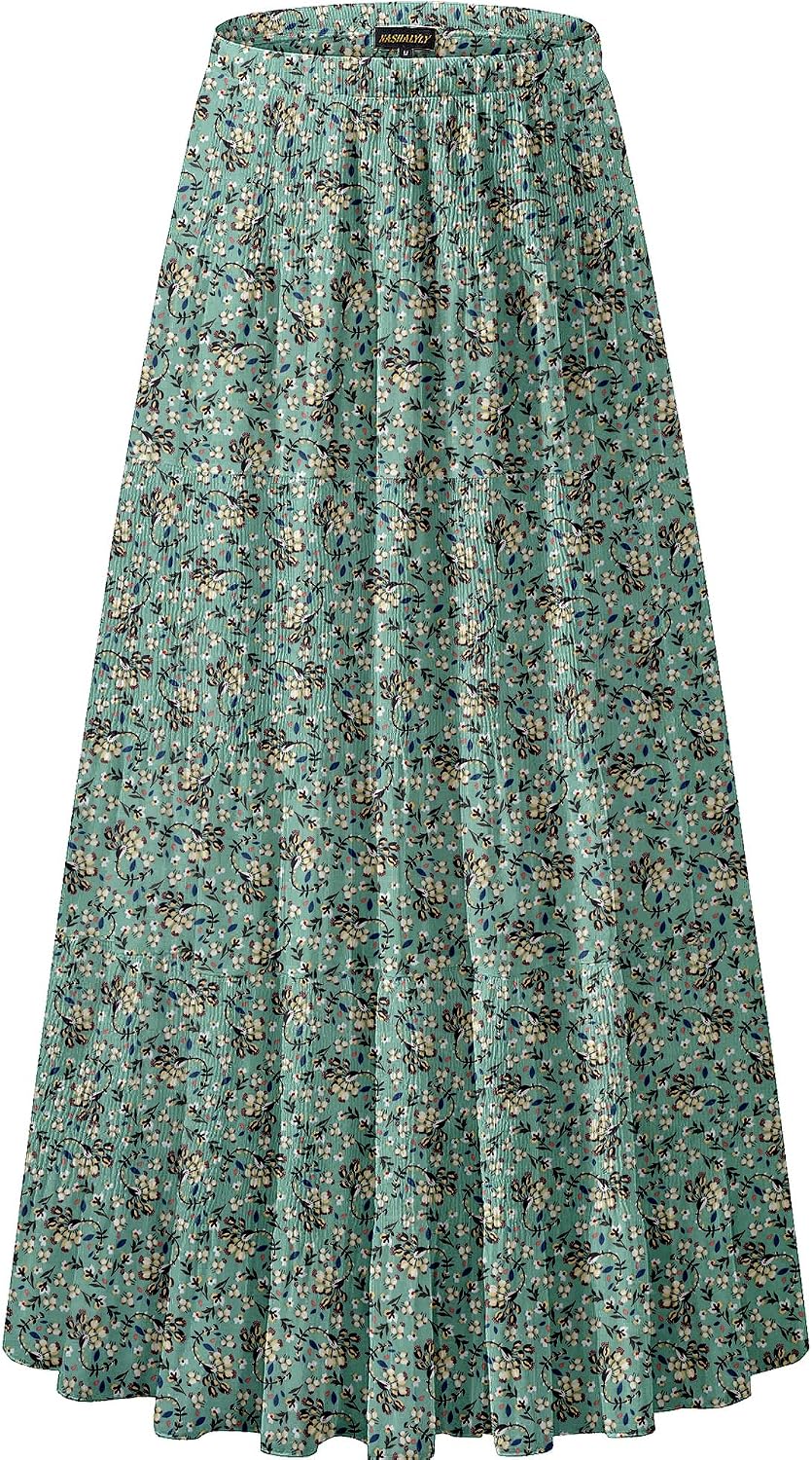 Women's Chiffon High-Waisted Pleated A-Line Maxi Skirt with Elastic Waist (Coffee Floral Print, Size M)