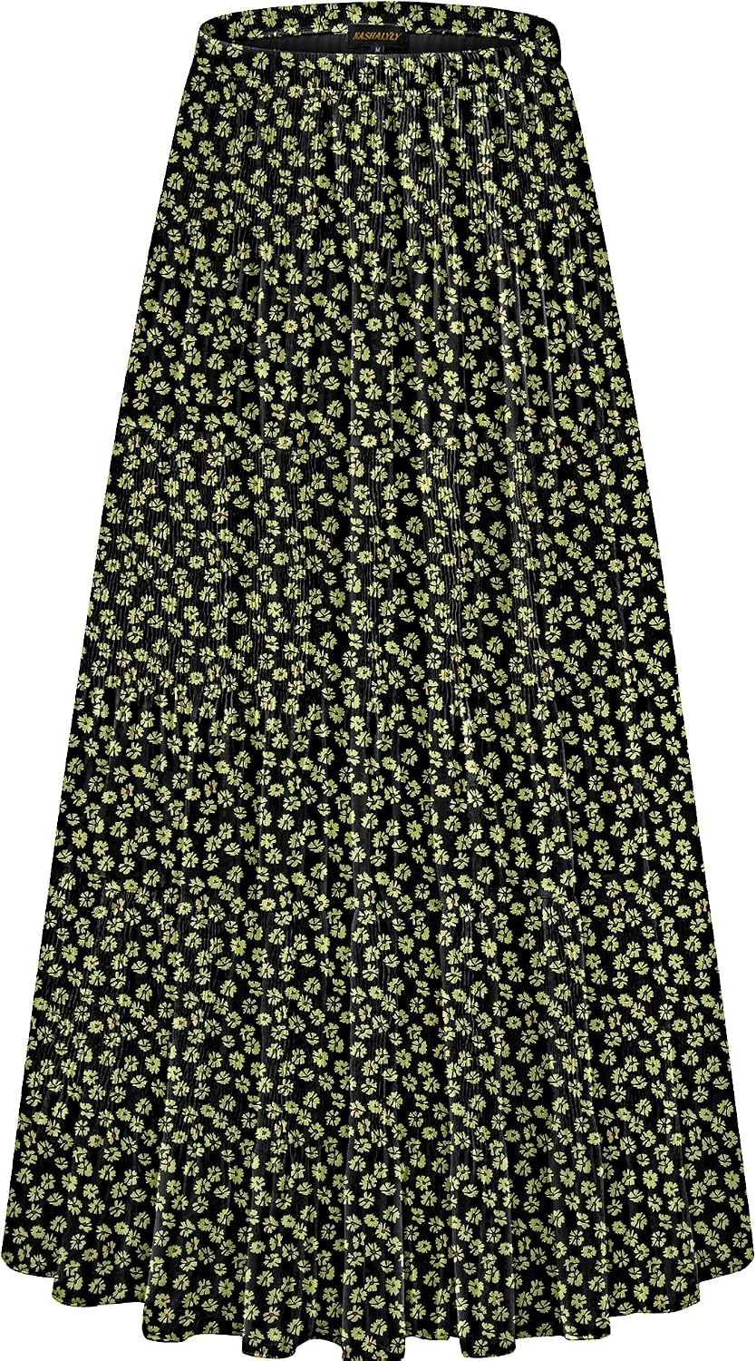 Women's Chiffon High-Waisted Pleated A-Line Maxi Skirt with Elastic Waist (Coffee Floral Print, Size M)