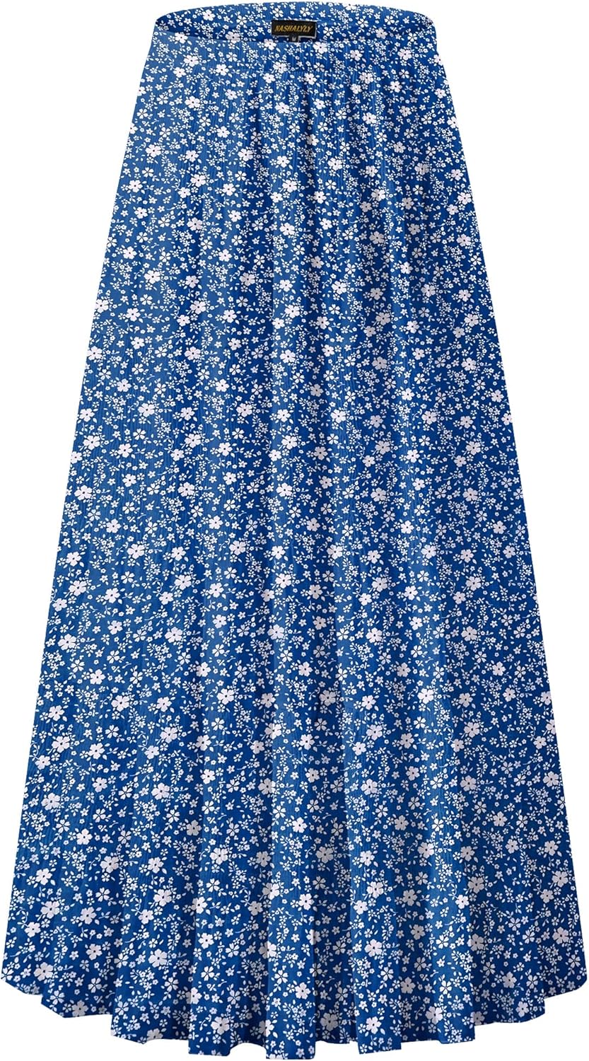 Women's Chiffon High-Waisted Pleated A-Line Maxi Skirt with Elastic Waist (Coffee Floral Print, Size M)