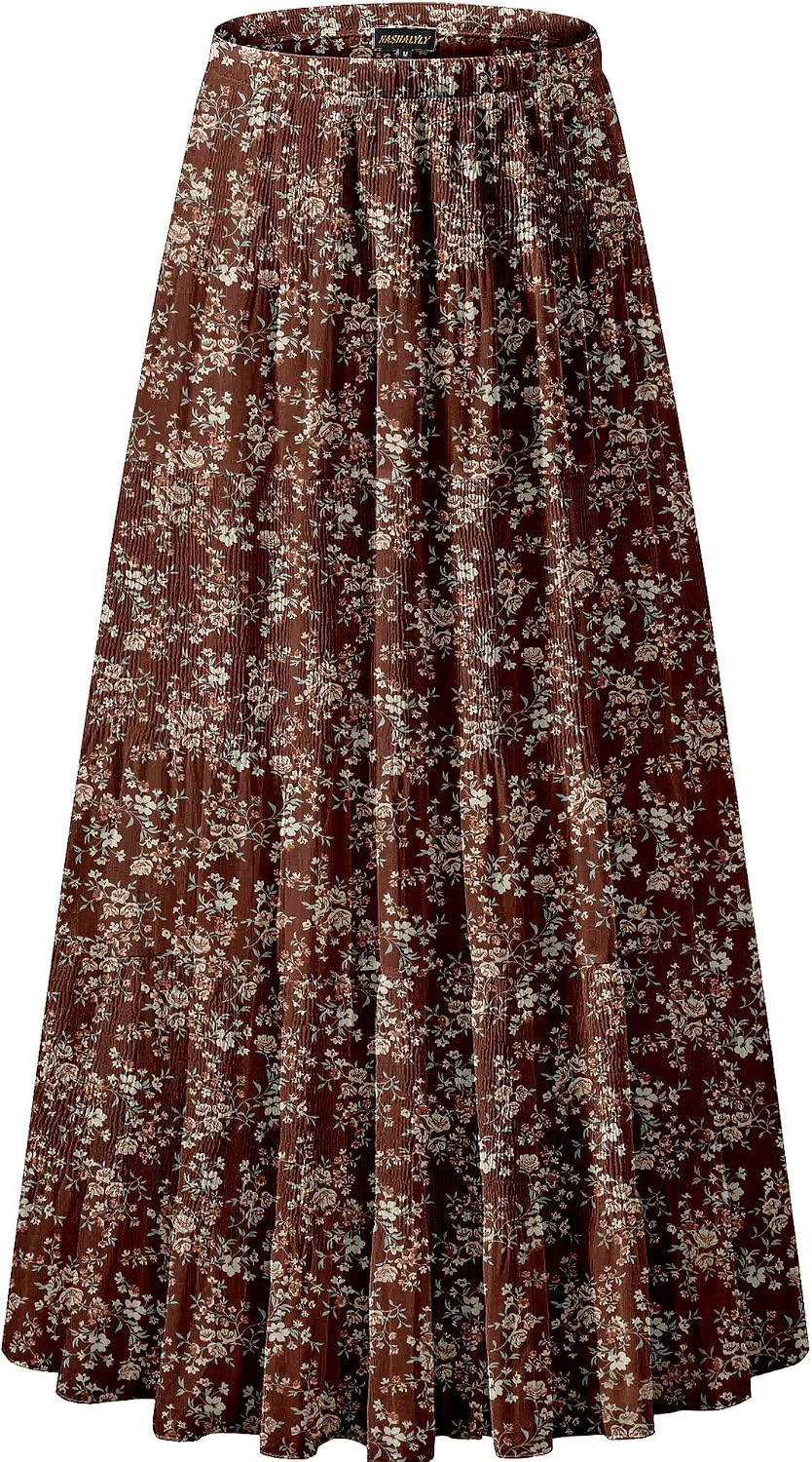 Women's Chiffon High-Waisted Pleated A-Line Maxi Skirt with Elastic Waist (Coffee Floral Print, Size M)