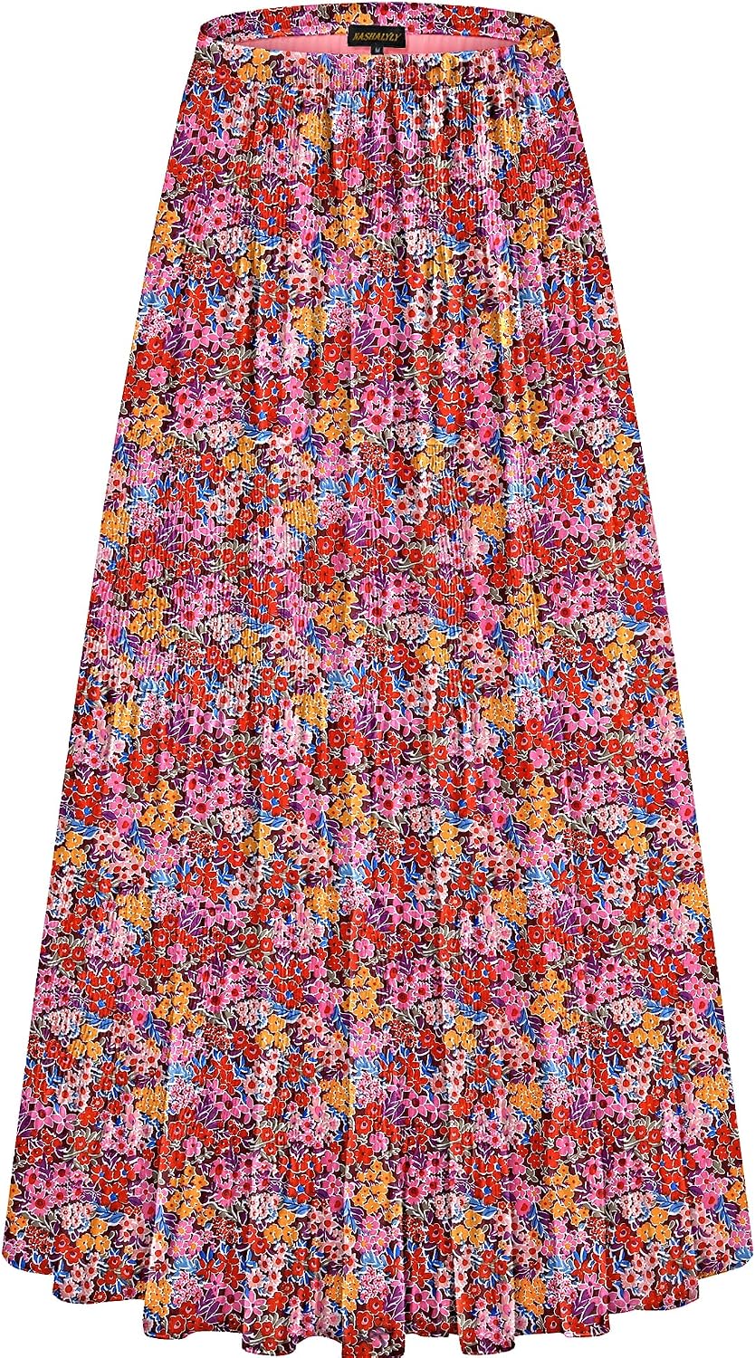 Women's Chiffon High-Waisted Pleated A-Line Maxi Skirt with Elastic Waist (Coffee Floral Print, Size M)