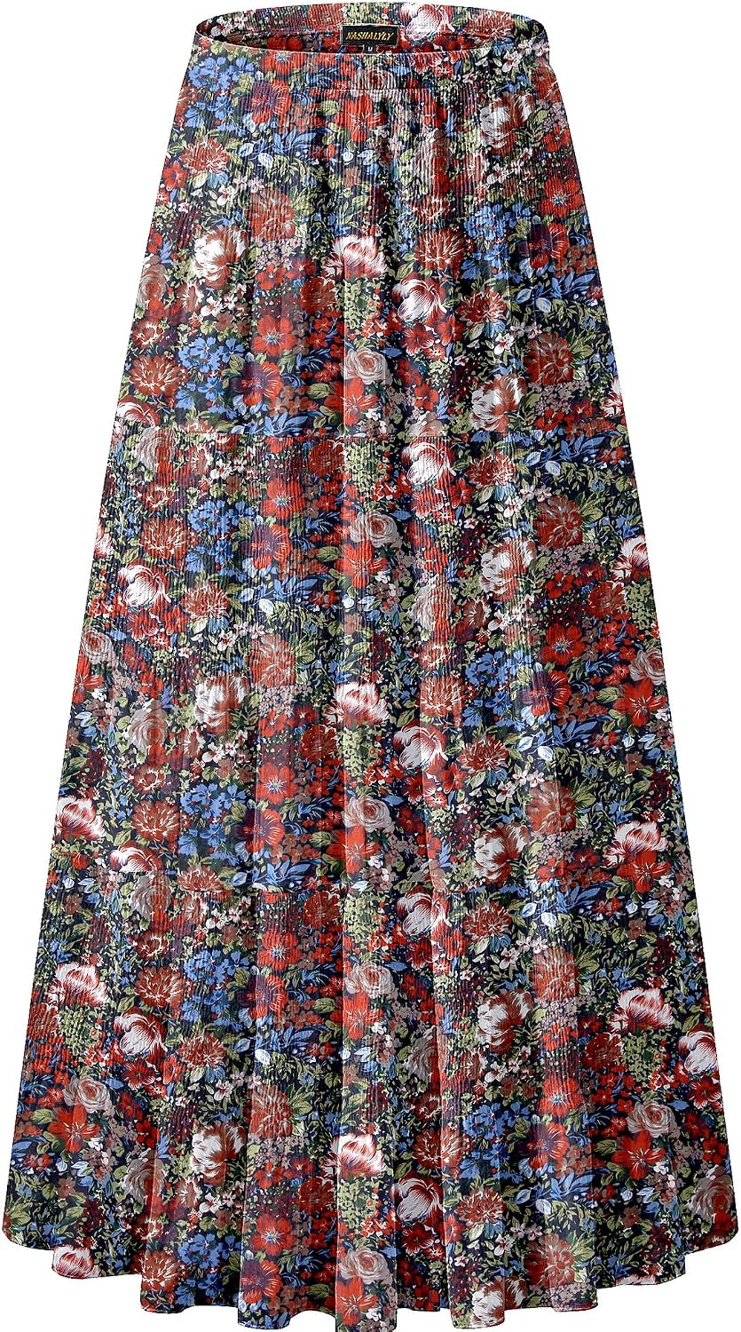 Women's Chiffon High-Waisted Pleated A-Line Maxi Skirt with Elastic Waist (Coffee Floral Print, Size M)